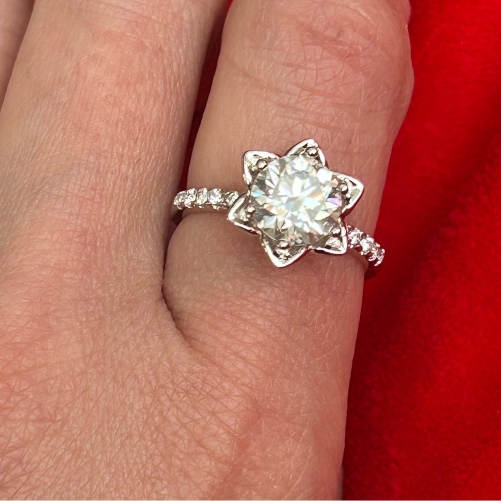 Moissanite, Silver Floral Ring - Picture 1 of 6